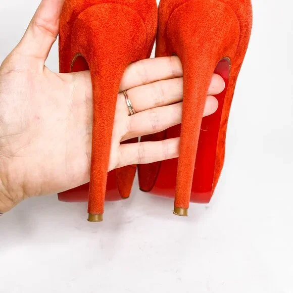 Christian Louboutin Fiery Red Peep-Toe Heels - Picture 6 of 10